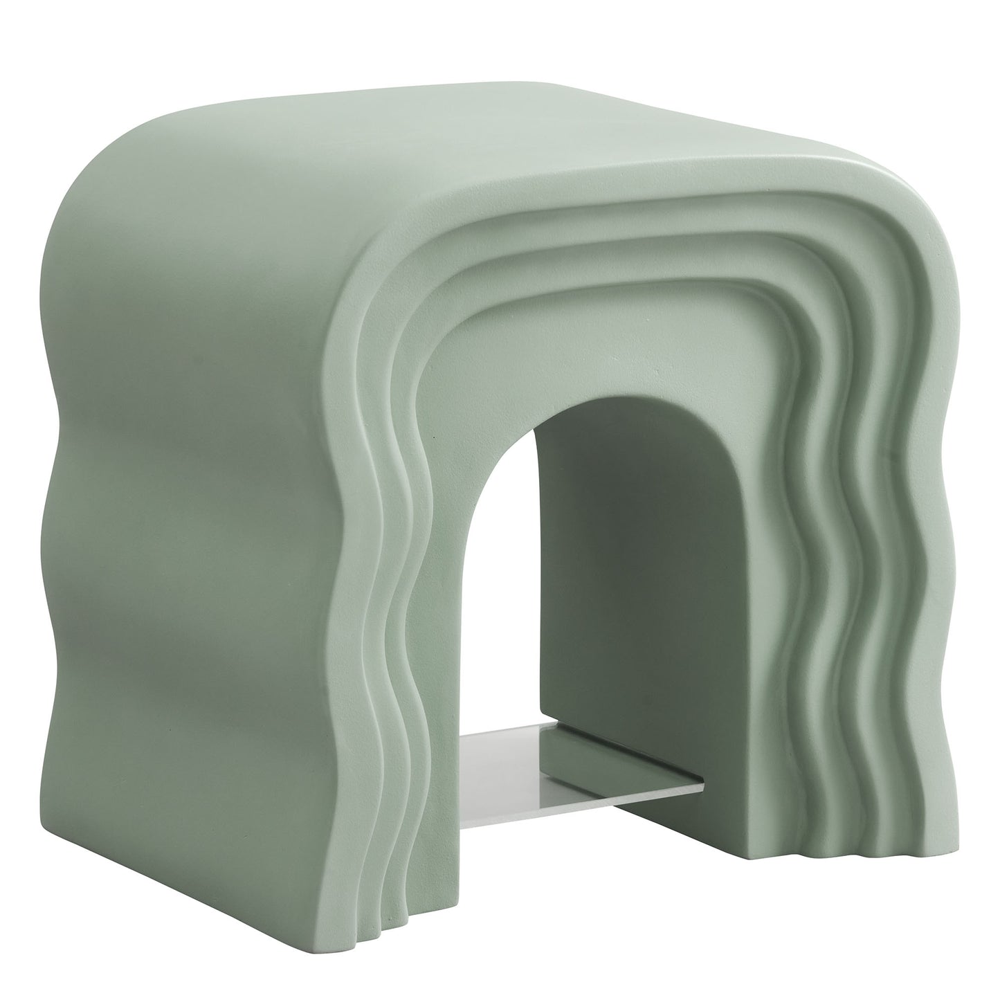 Sage green sculptural squiggle side table with stacked wavy arches and hollow center.