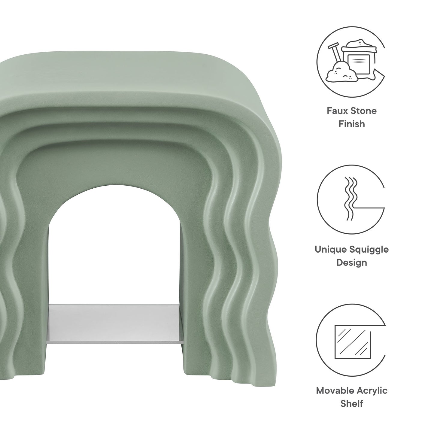 Sage green faux-stone finish arch-shaped sculptural side table with layered curves and movable acrylic shelf