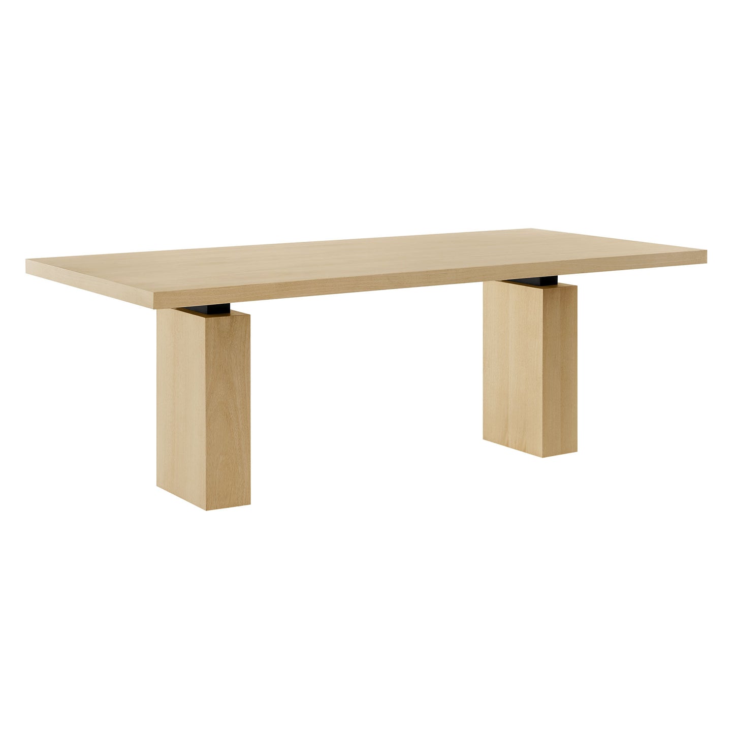 Natural oak dining table with a long rectangular top and two chunky square legs.
