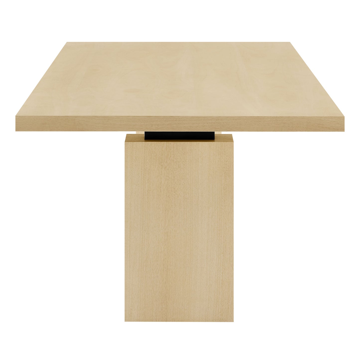 Natural oak rectangular-top dining table with a rectangular pedestal base and a small black connector at the joint.