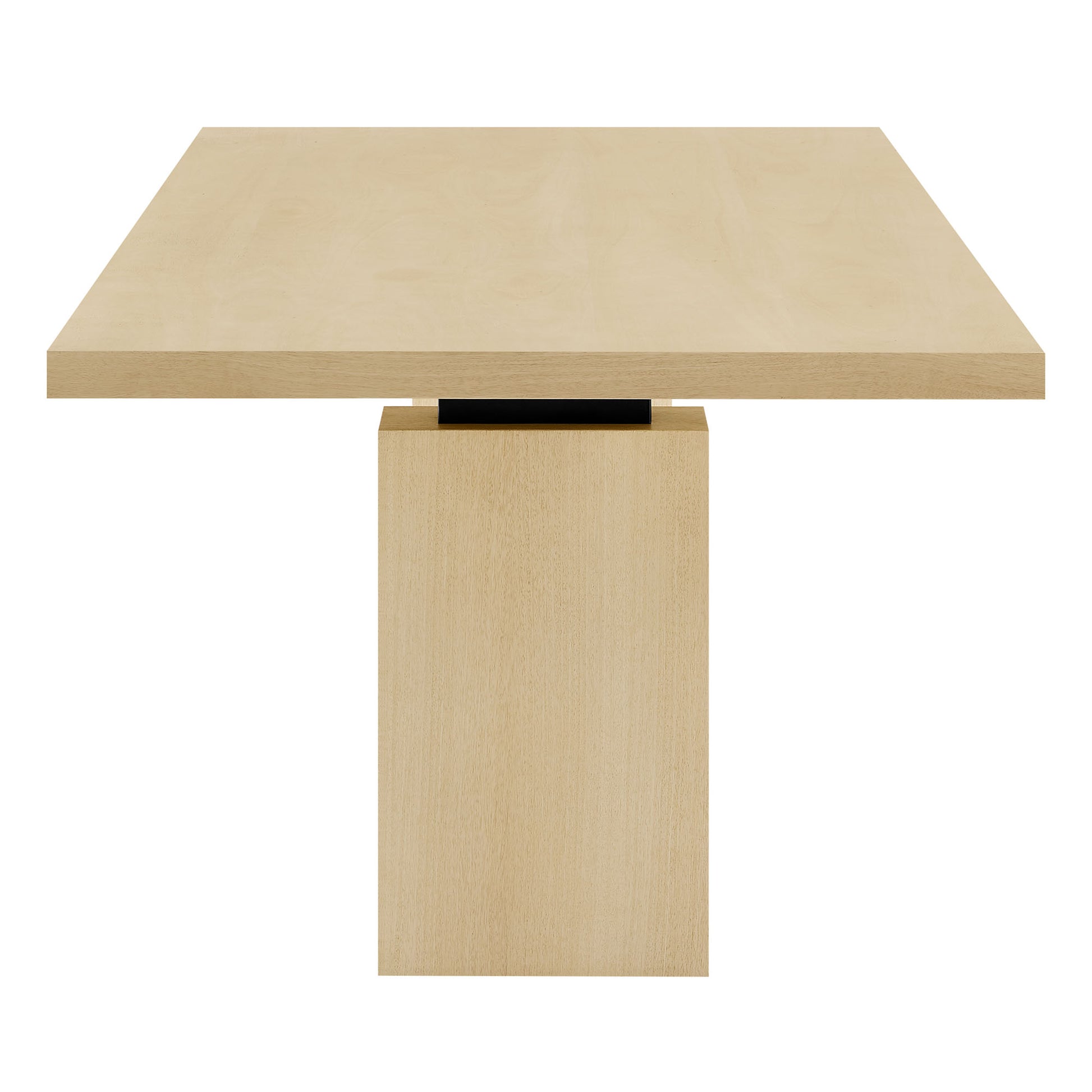 Natural oak rectangular-top dining table with a rectangular pedestal base and a small black connector at the joint.