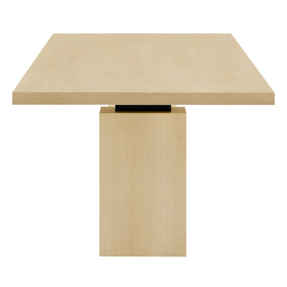 Natural oak rectangular-top dining table with a rectangular pedestal base and a small black connector at the joint.