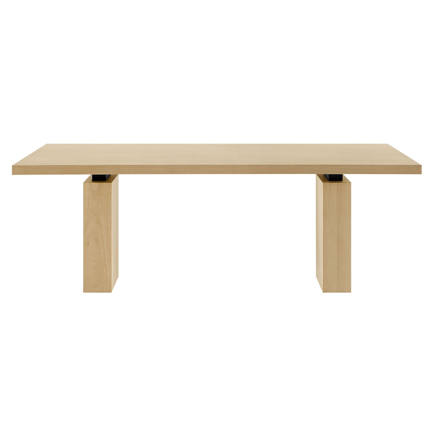 Natural oak dining table with a long rectangular top and two chunky square legs.