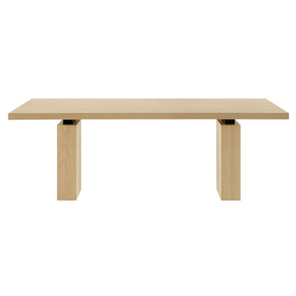 Natural oak dining table with a long rectangular top and two chunky square legs.