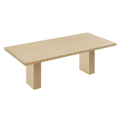 Natural wood rectangular dining table with two chunky square legs.