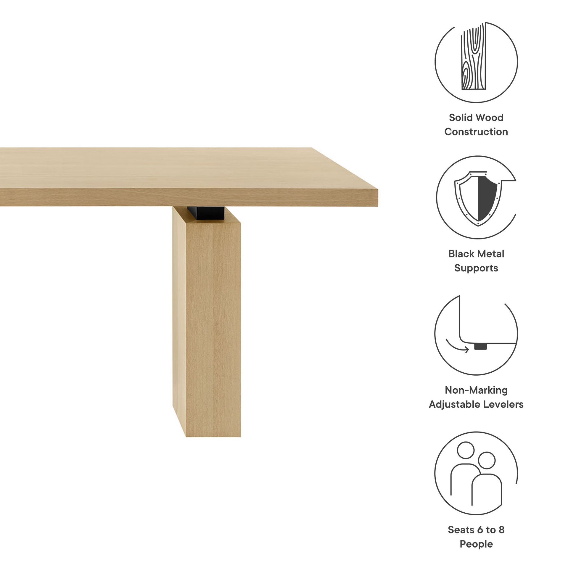 Natural wood dining table with solid wood construction, rectangular leg and black metal supports; seats 6–8.