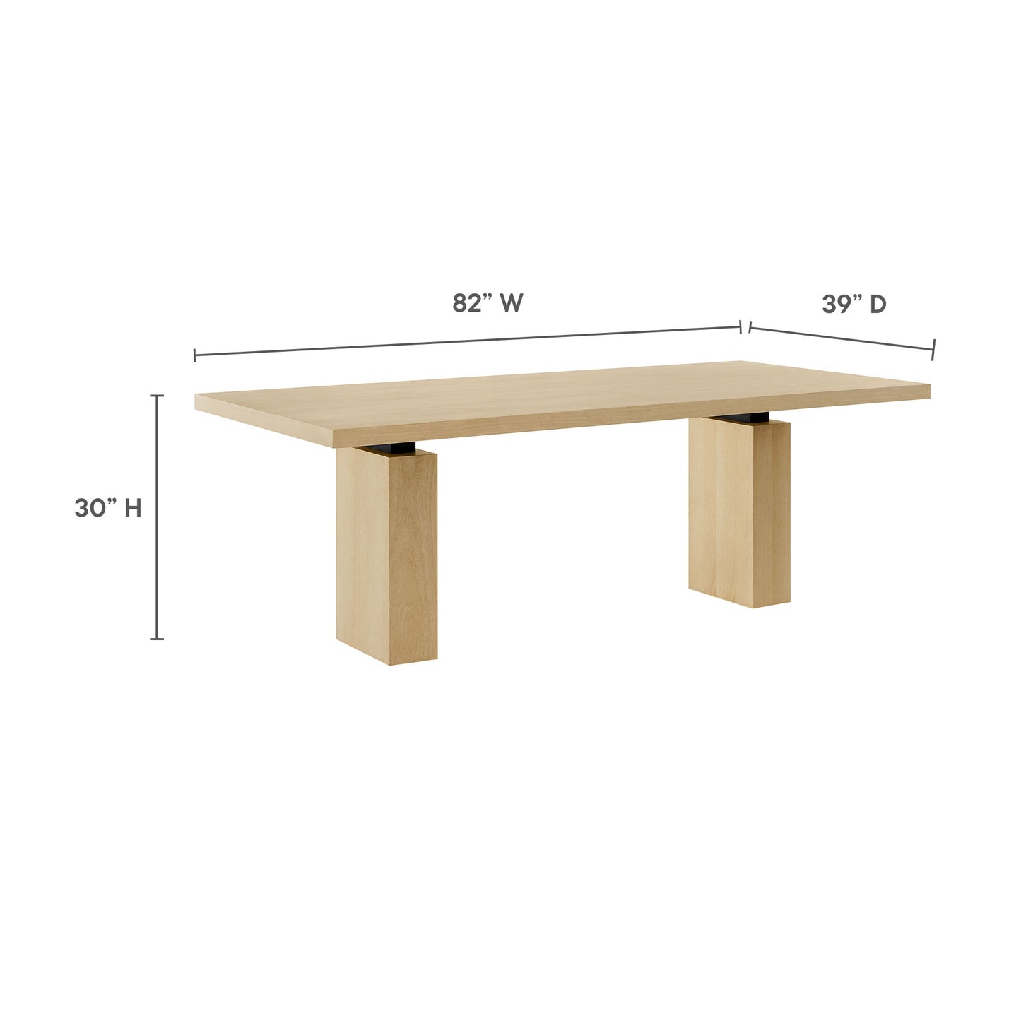Natural oak dining table with a wide rectangular top and two thick block legs; 82"W x 39"D x 30"H.