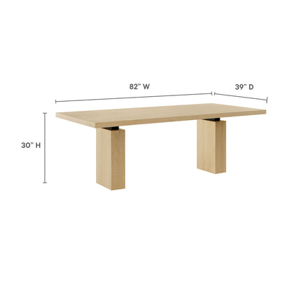Natural oak dining table with a wide rectangular top and two thick block legs; 82"W x 39"D x 30"H.