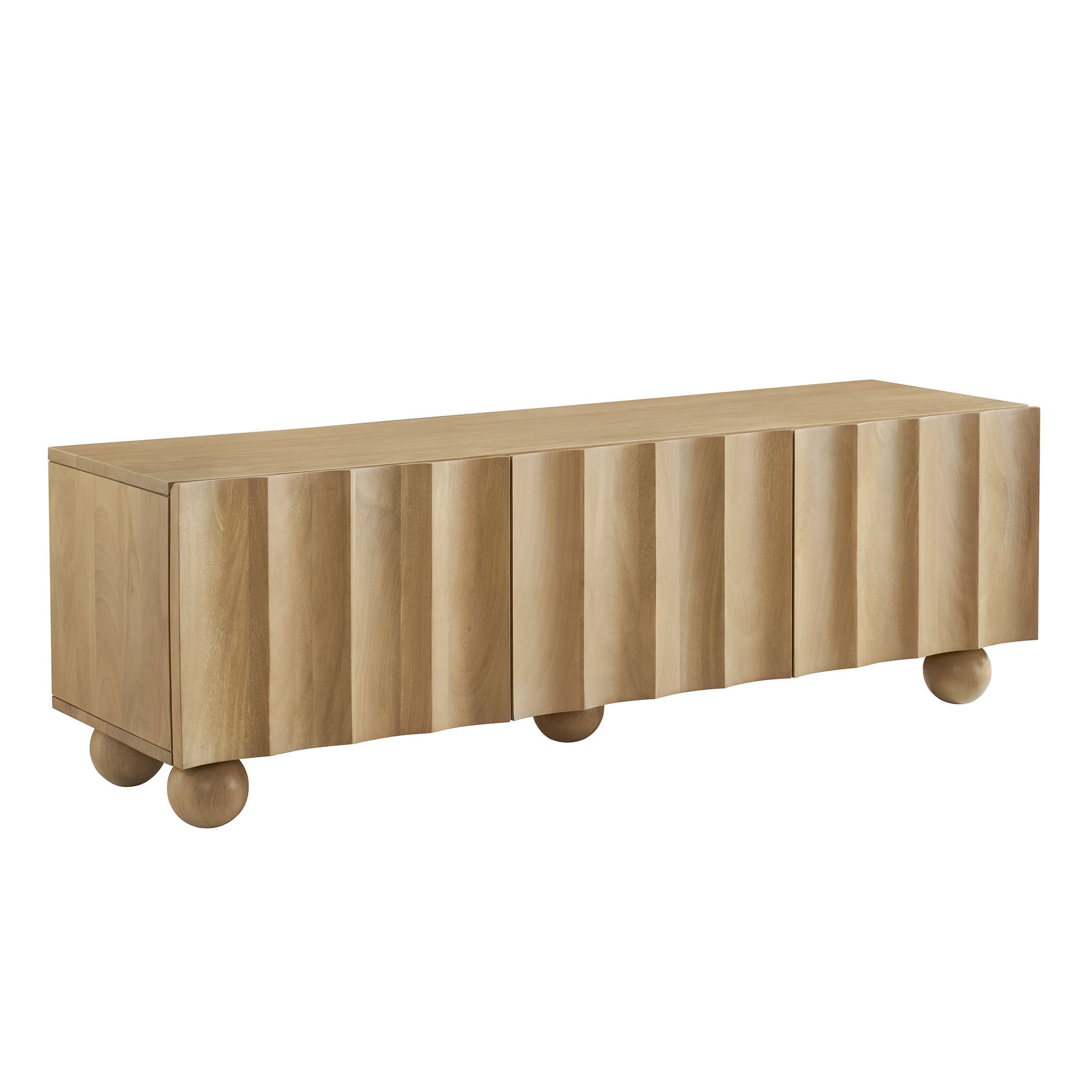 Natural wood long TV stand with vertical fluted front panels and round ball feet.