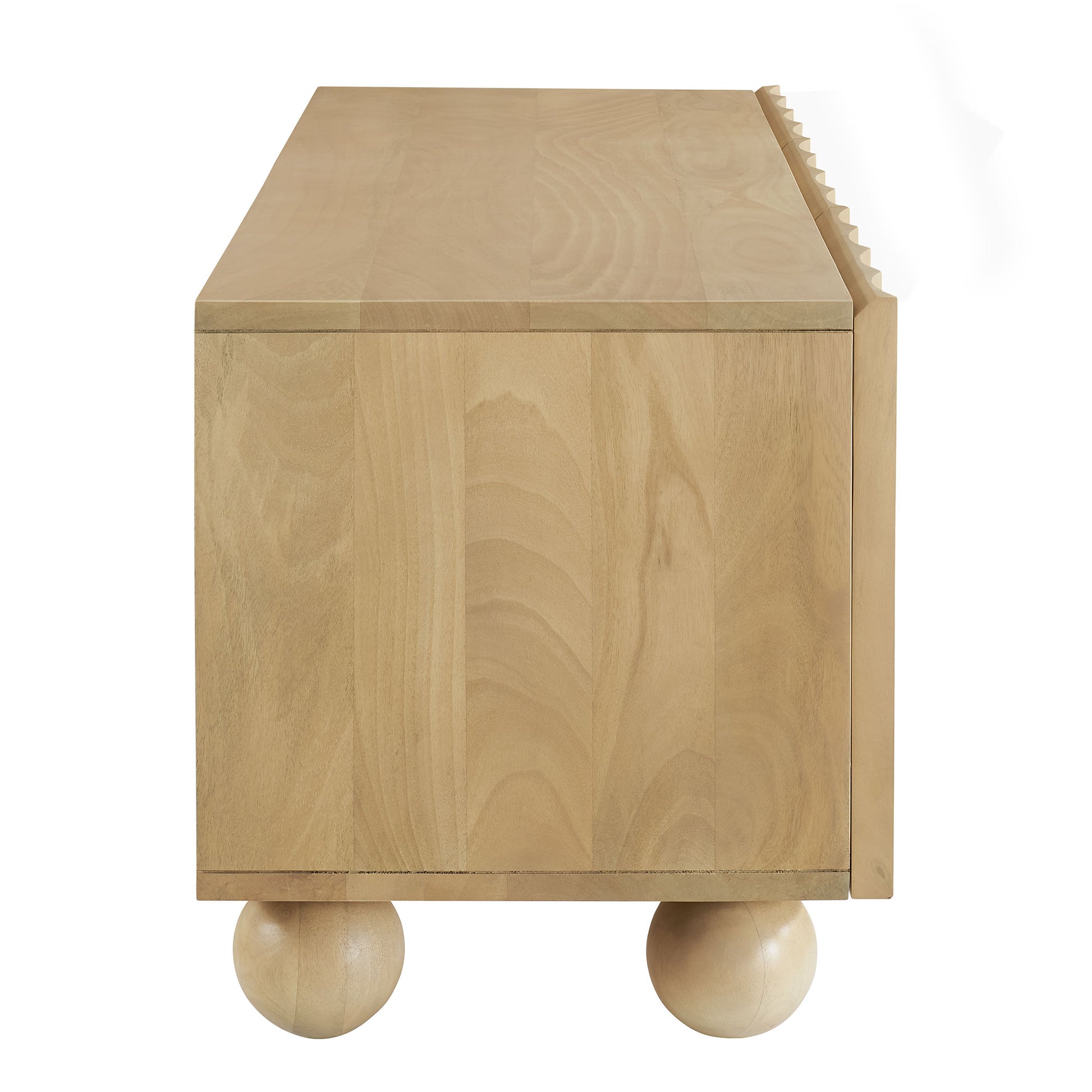 54-inch natural wood TV stand with a scalloped paneled front in modern rustic living room style.