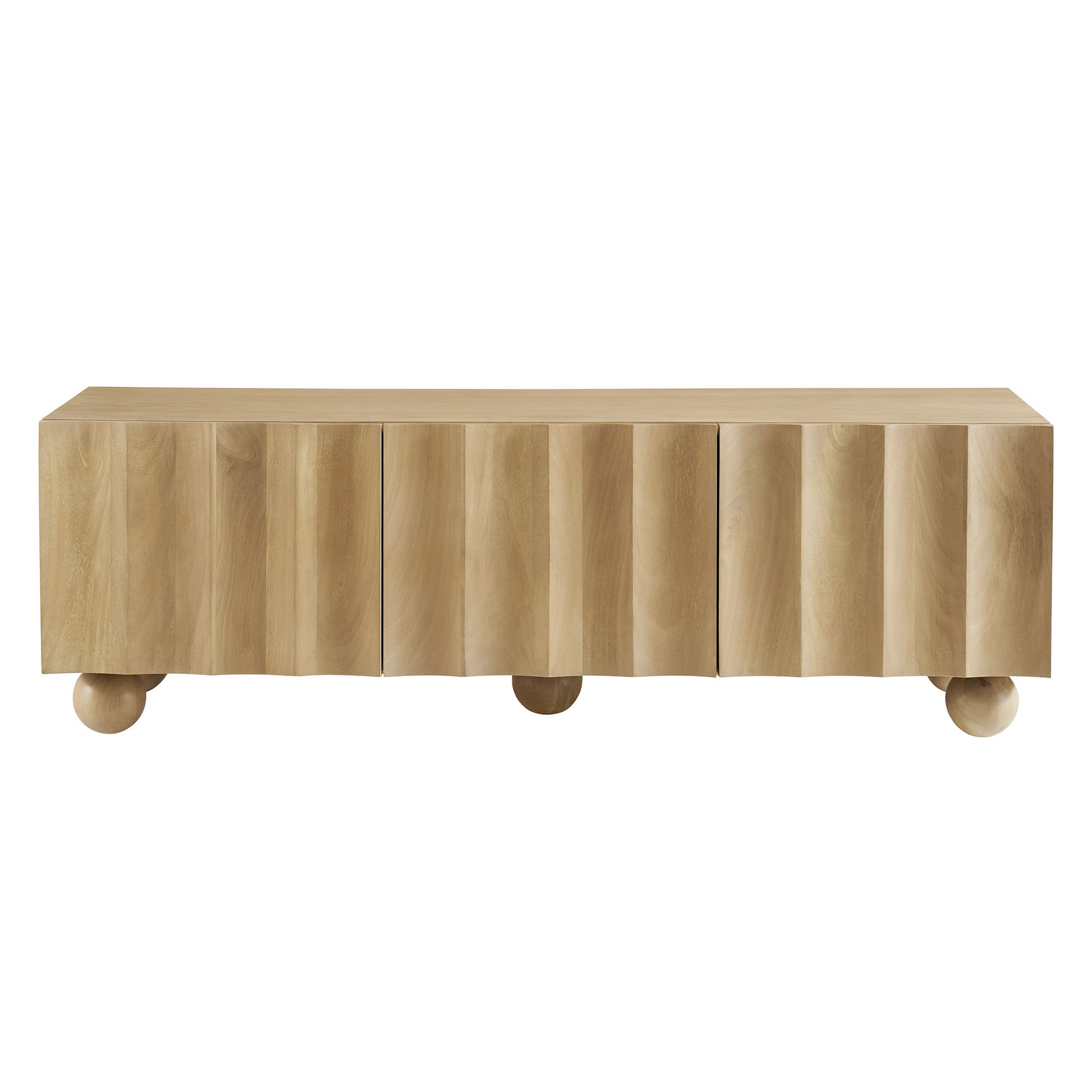 54" wide brown wood TV stand with scalloped detailing.