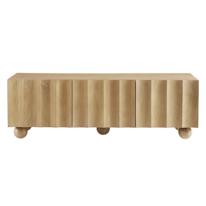 54" wide brown wood TV stand with scalloped detailing.