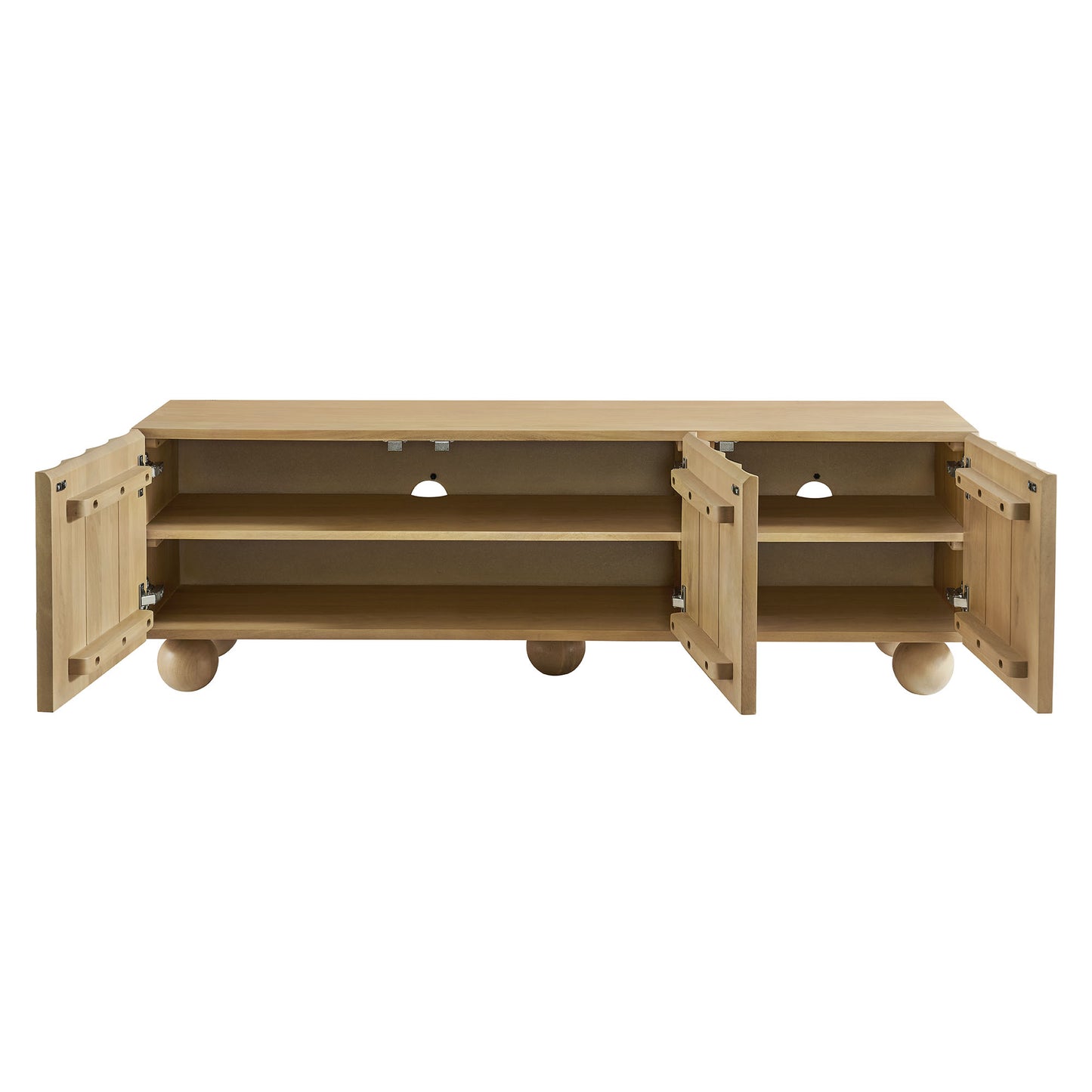 Natural wood TV stand with dual side cabinets, two shelves, round feet, and cable holes.