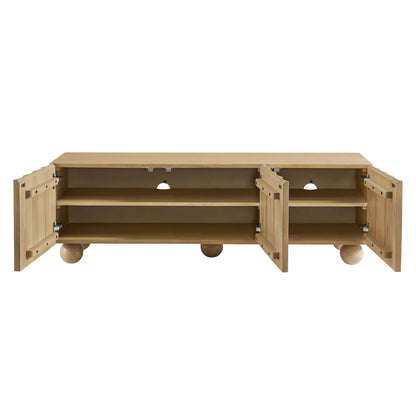 Natural wood TV stand with dual side cabinets, two shelves, round feet, and cable holes.