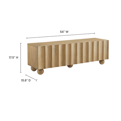 Natural wood TV stand with scalloped front panels and rounded bun feet, 54W x 17.5H x 15.8D.