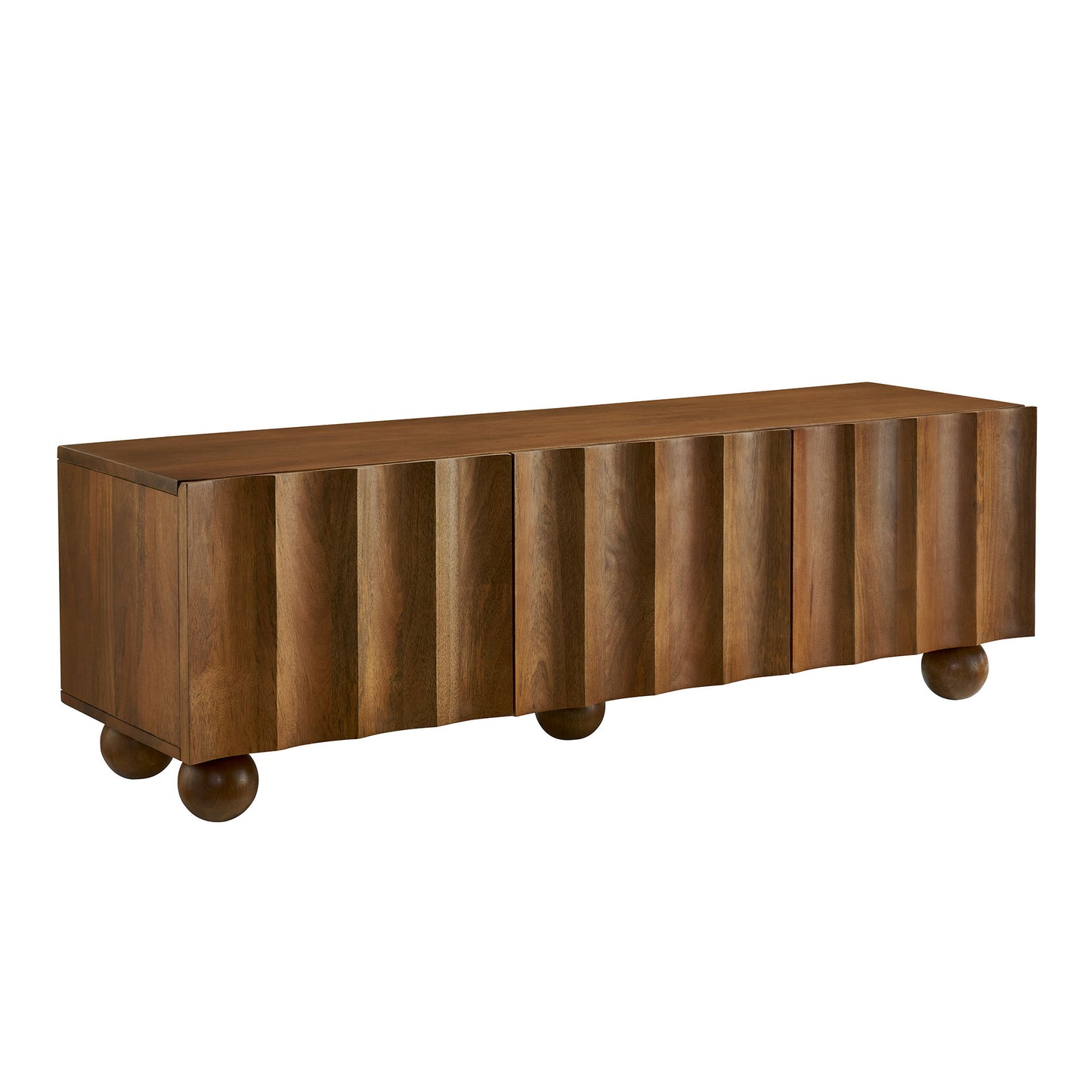 Walnut-finished wooden TV stand with a long rectangular storage piece.