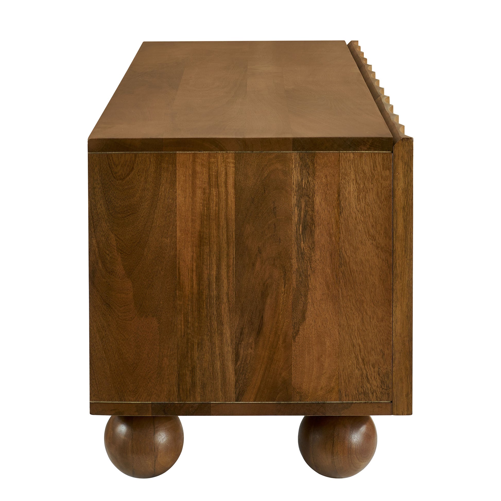 Walnut wood TV stand on two spherical feet; rectangular storage with stepped right edge.