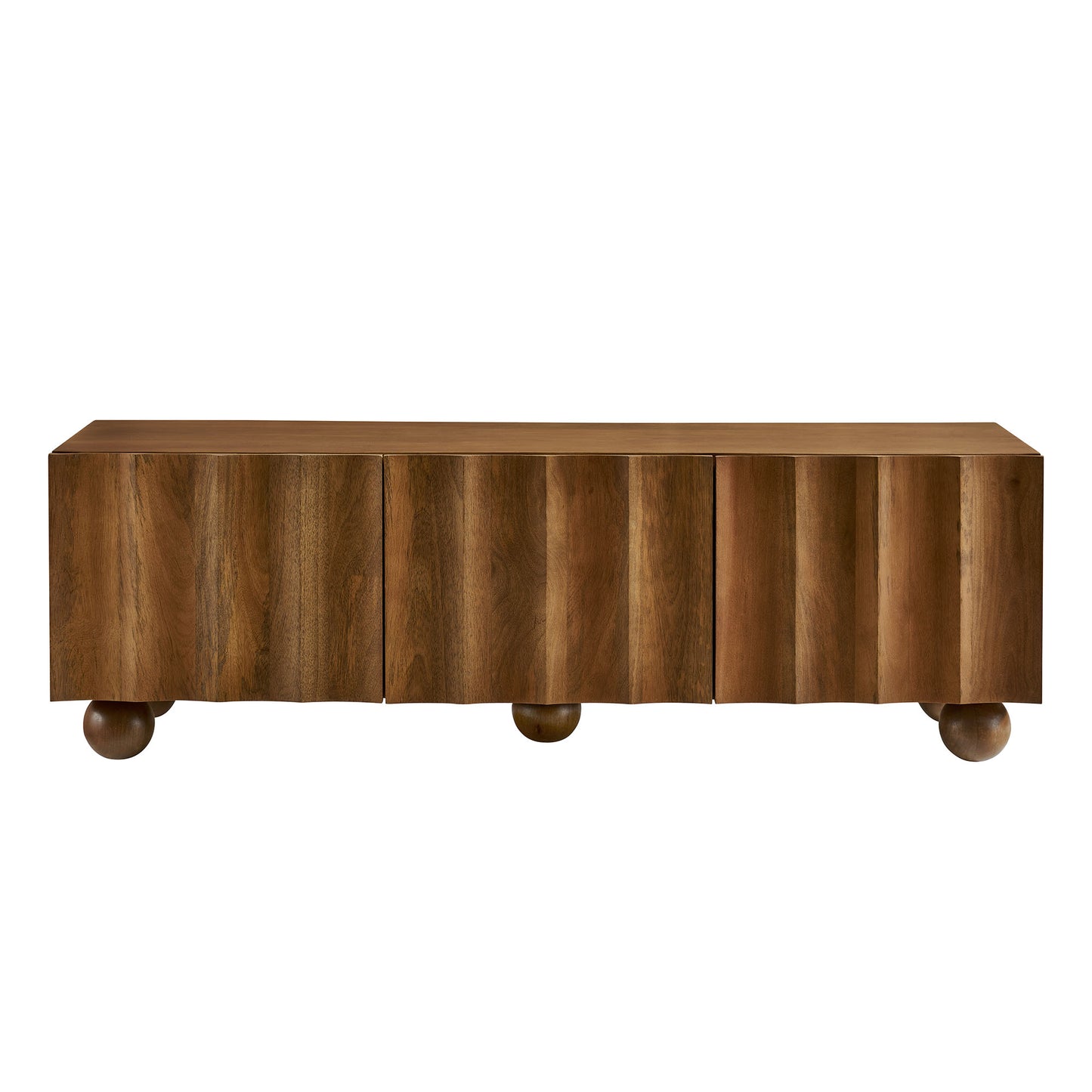 Walnut-finished mid-century modern TV stand with multiple vertical panel doors on rounded ball feet.