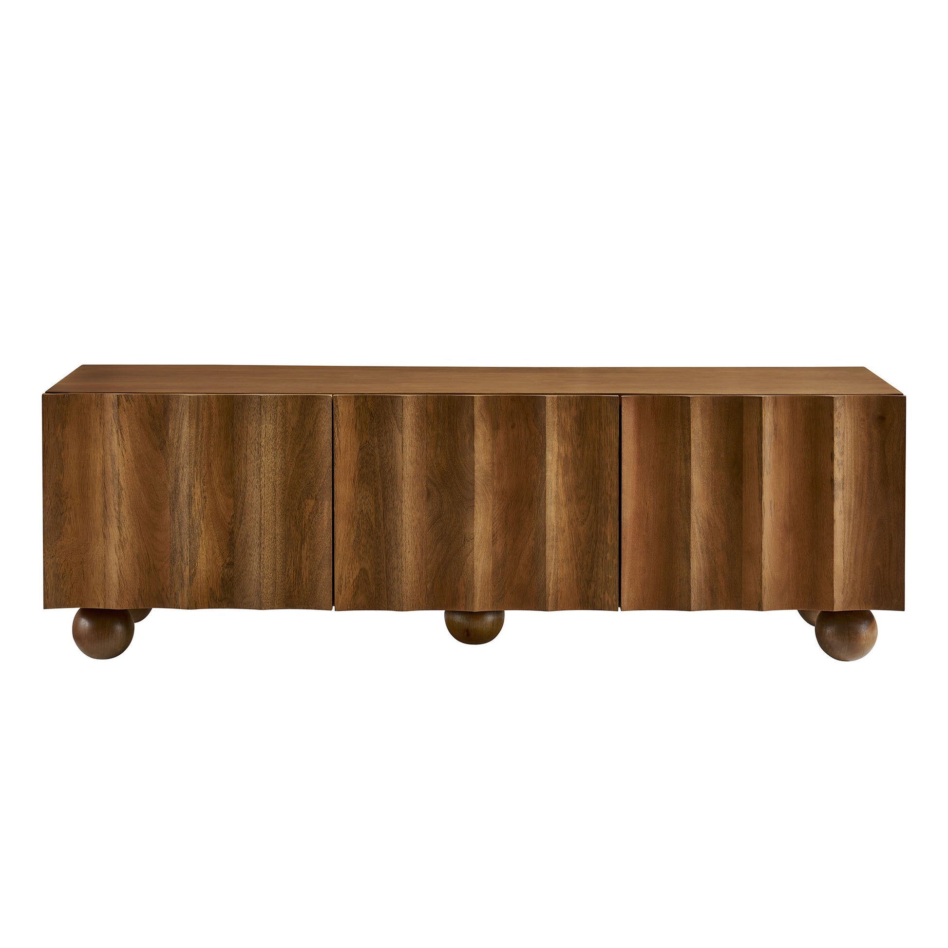 Walnut-finished mid-century modern TV stand with multiple vertical panel doors on rounded ball feet.