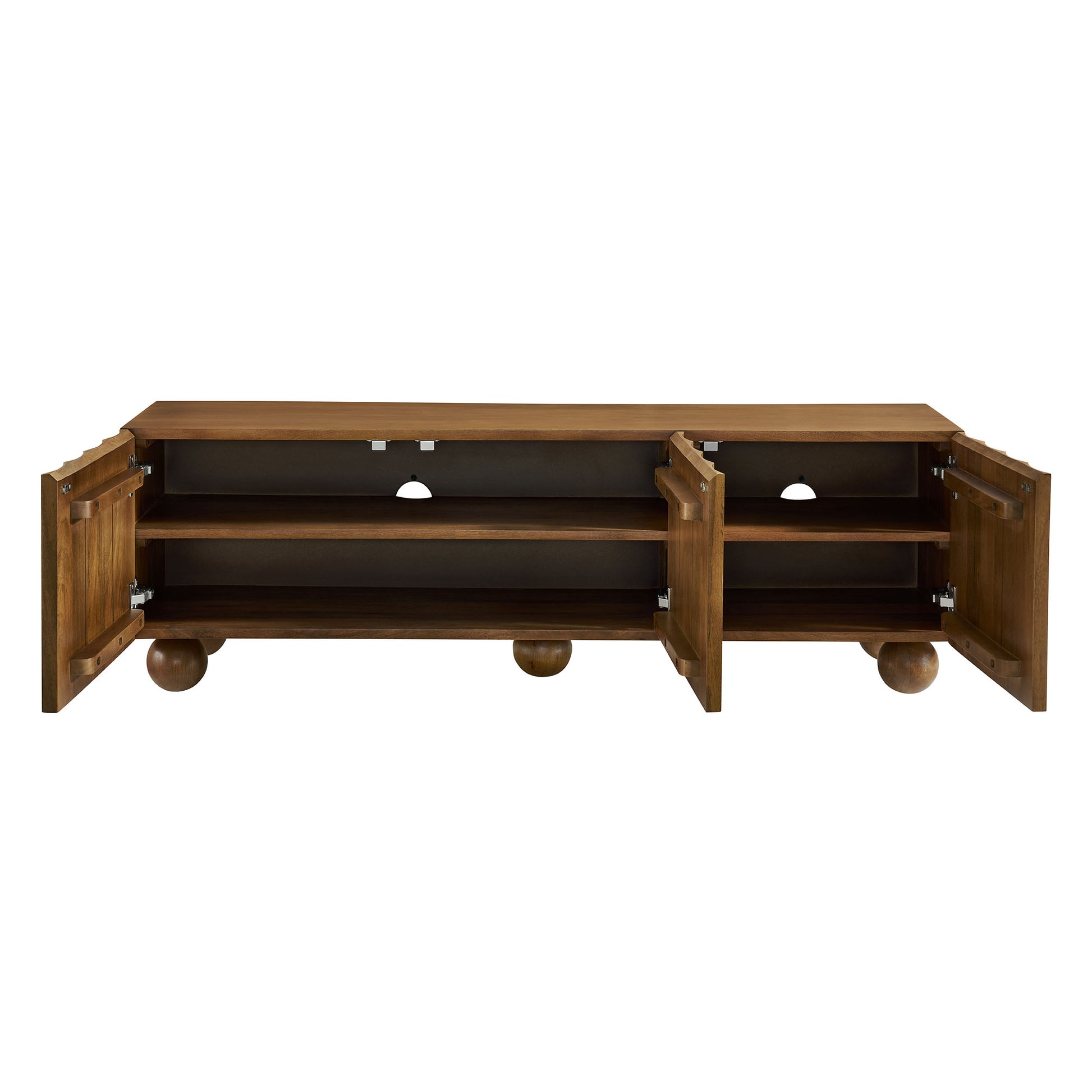 Walnut wood TV stand EEI-7183-WAL with doors open, side cabinets, central shelves, rounded feet.