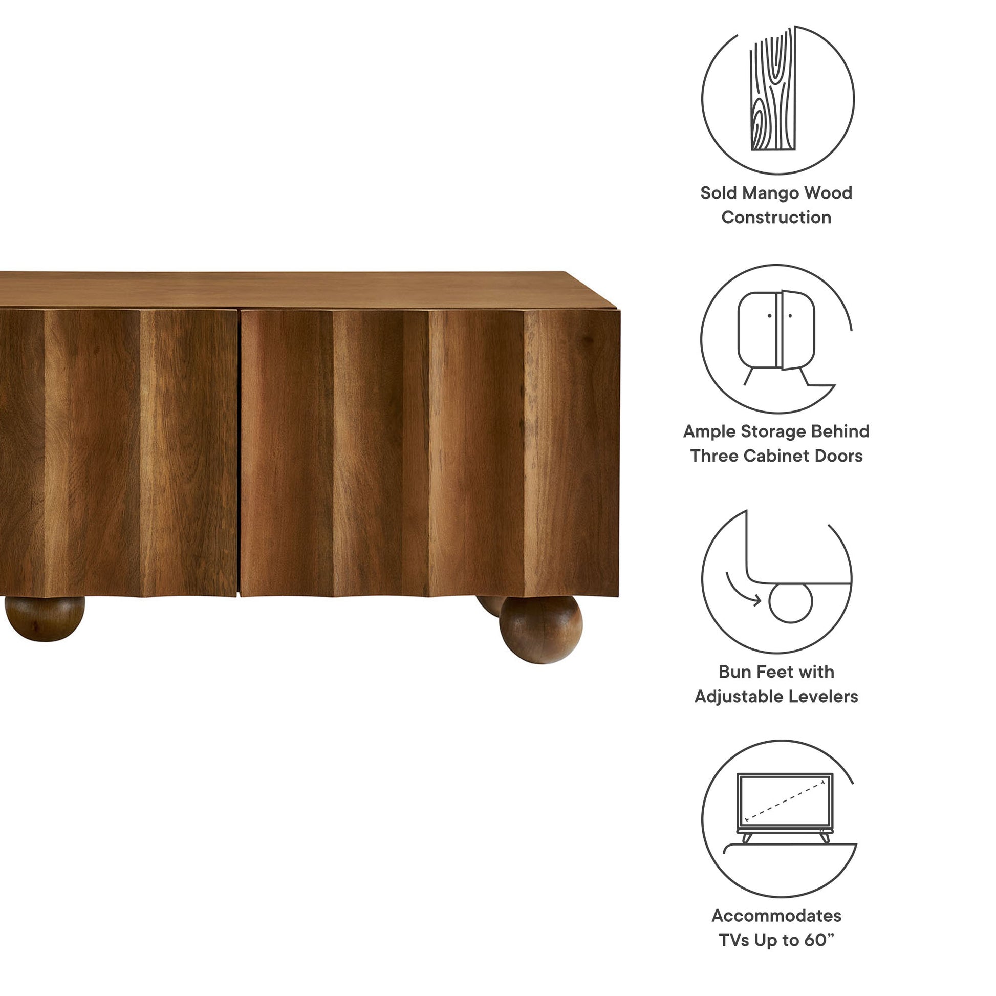 Walnut-finish solid mango wood media console with three doors, bun feet and adjustable levelers for TVs up to 60 inches