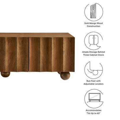 Walnut-finish solid mango wood media console with three doors, bun feet and adjustable levelers for TVs up to 60 inches
