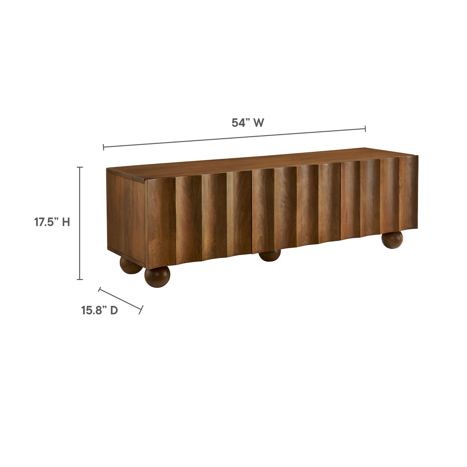 Walnut-finish long storage TV stand with vertical grooved front panels & round bun feet.