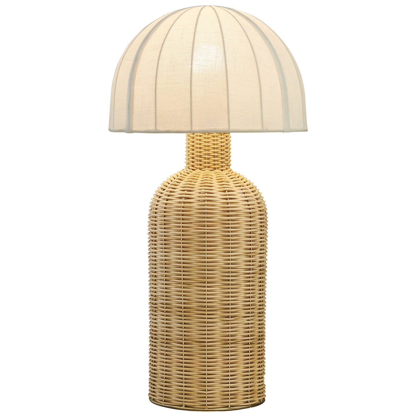 Natural rattan table lamp with woven base and cream dome shade.