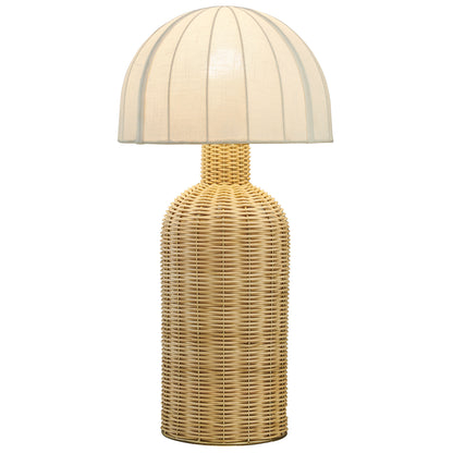 Natural rattan table lamp with woven base and cream dome shade.