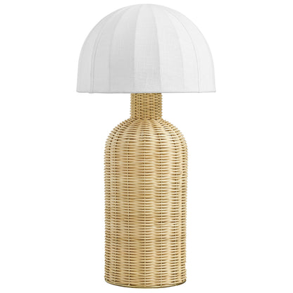 Natural tan wicker bottle-base table lamp with a white pleated fabric dome shade.