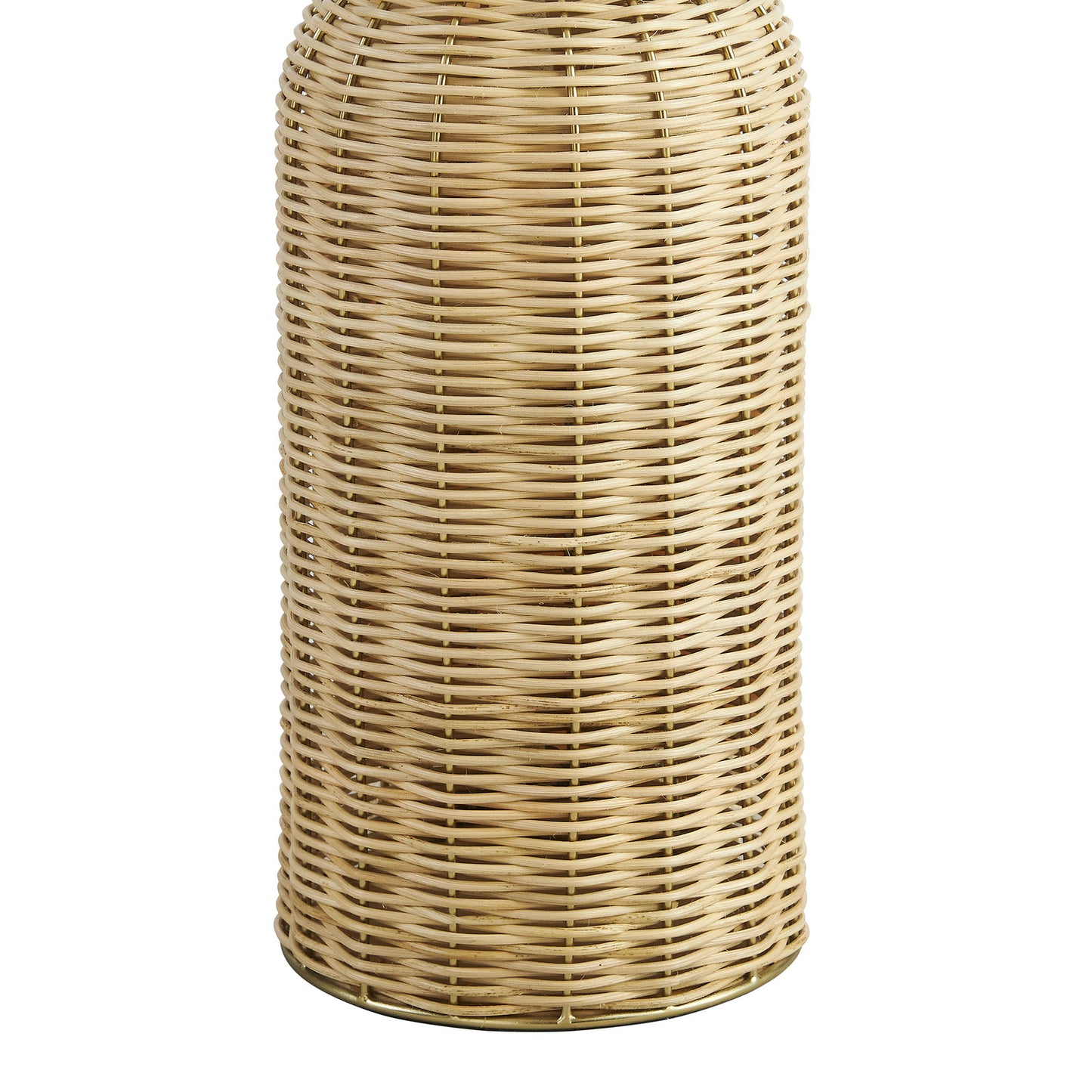 Tall natural beige rattan cylinder table lamp with dome shade.