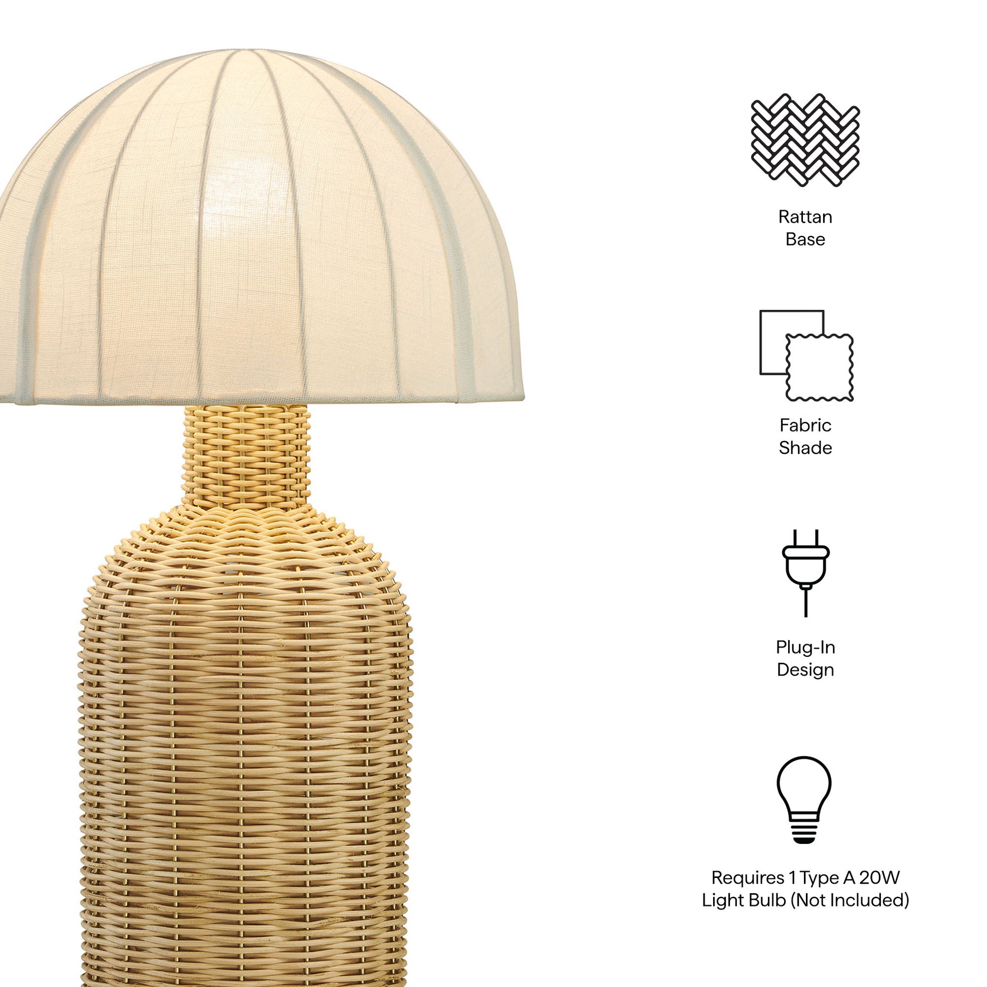 Woven rattan base with cream fabric dome shade, plug-in table lamp in natural beige tones; bulb not included.