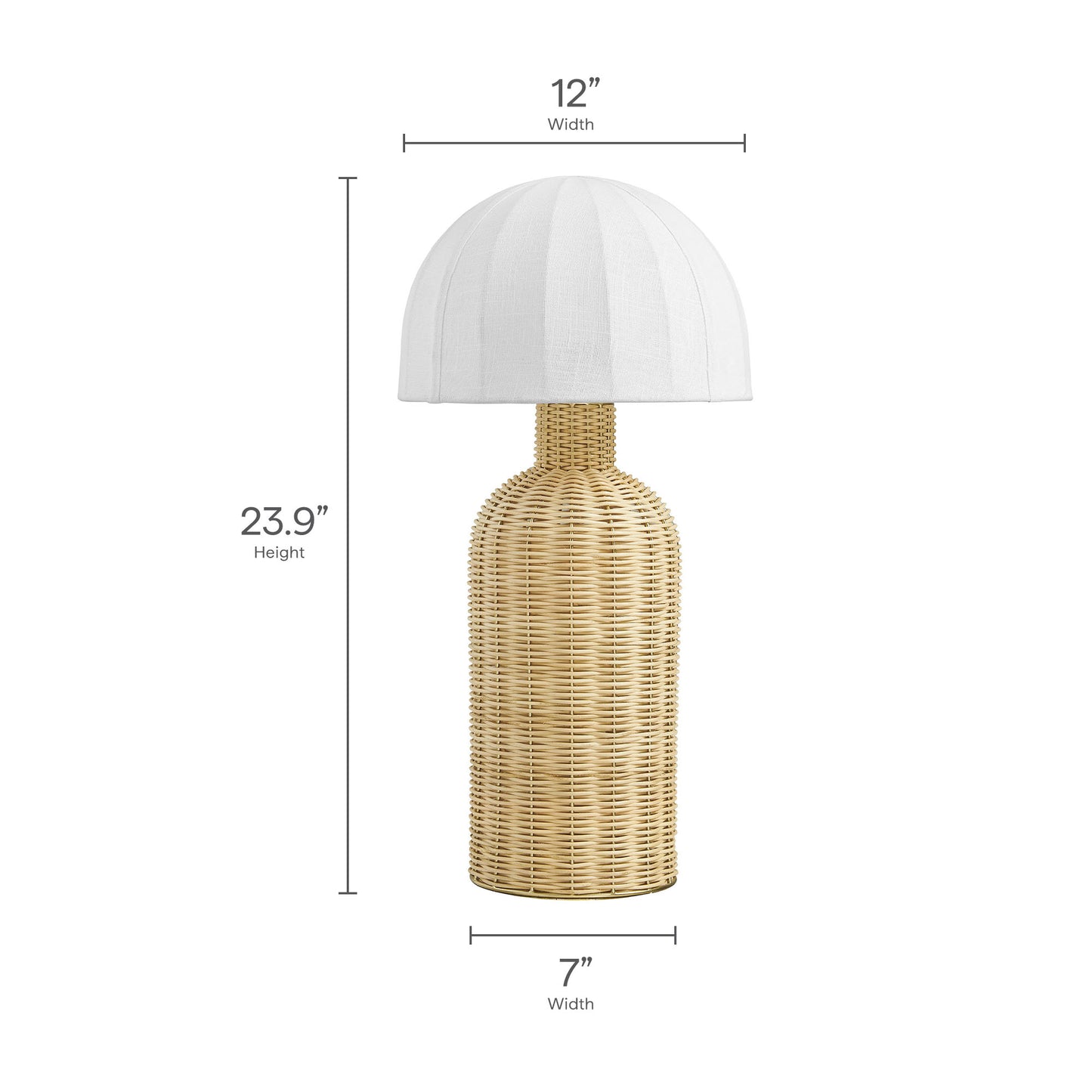 White fabric-domed shade over natural woven rattan base table lamp, 23.9in tall, 12in shade width, 7in base width.
