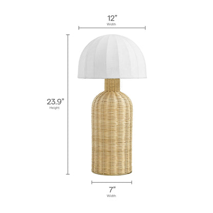 White fabric-domed shade over natural woven rattan base table lamp, 23.9in tall, 12in shade width, 7in base width.