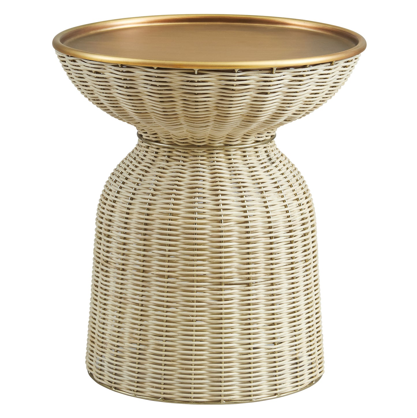 Woven rattan side table with a gold-toned rim, bowl-shaped top, and hourglass-shaped base.