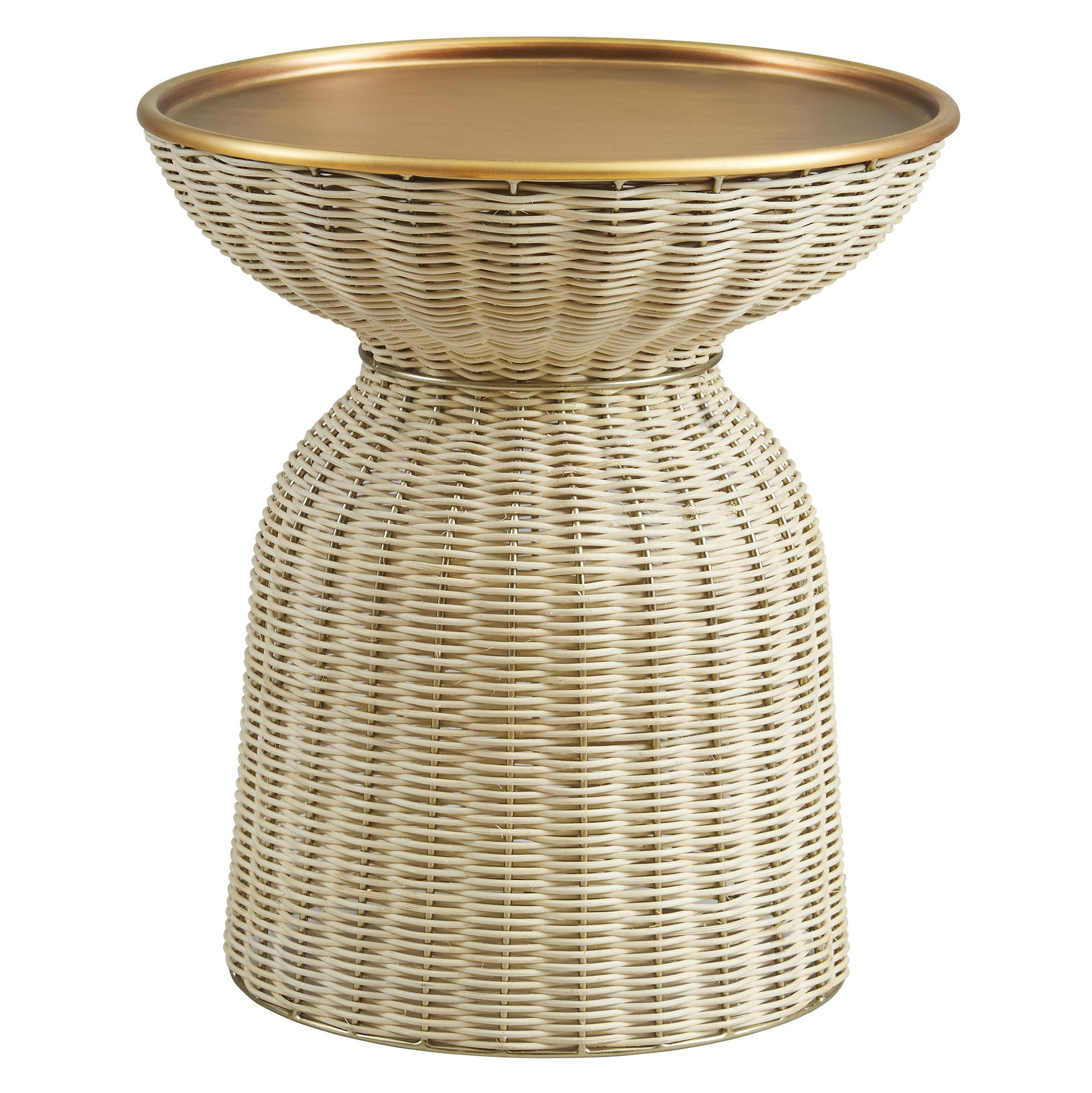 Woven rattan side table with a gold-toned rim, bowl-shaped top, and hourglass-shaped base.