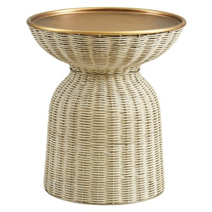 Woven rattan side table with a gold-toned rim, bowl-shaped top, and hourglass-shaped base.