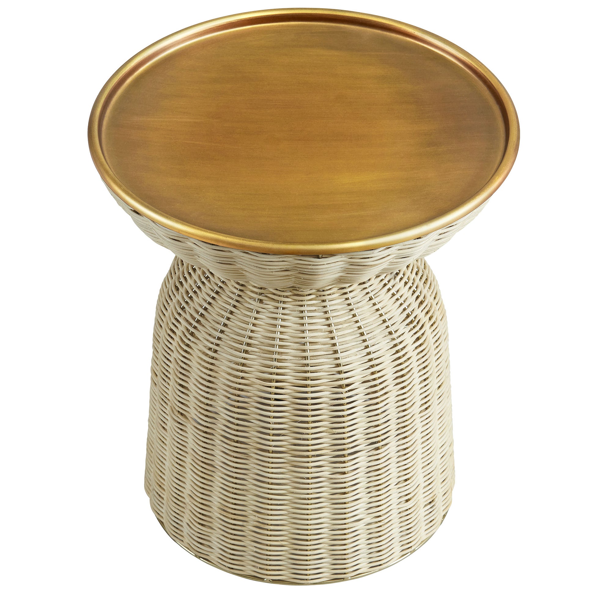 Natural rattan pedestal side table with a round brass top, boho rustic accent.