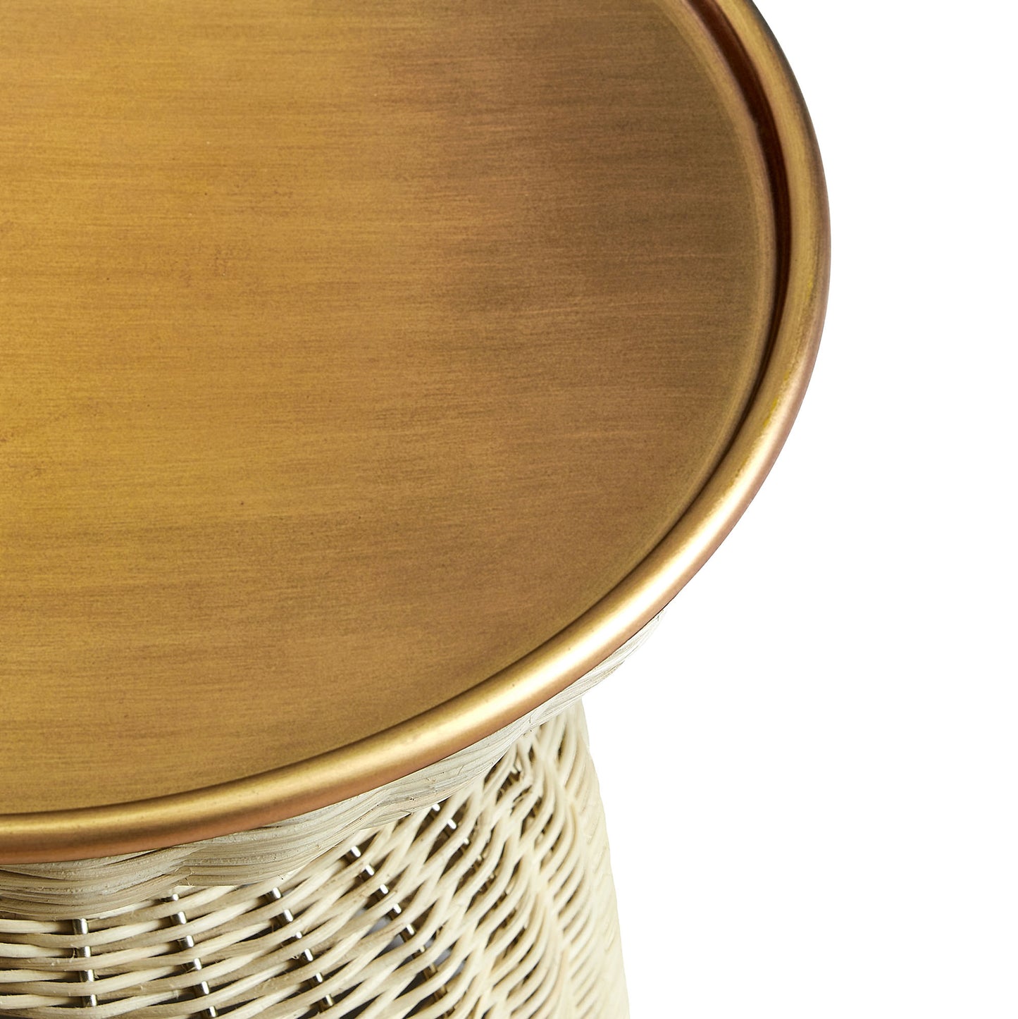 Round rattan side table with natural woven base.