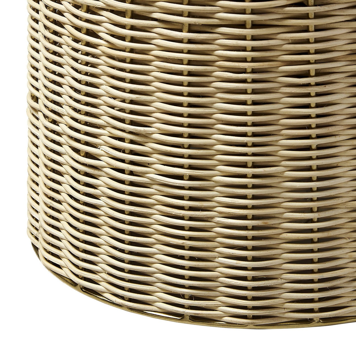 Natural rattan round side table with a tight weave in beige tones.