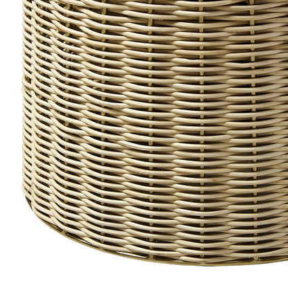 Natural rattan round side table with a tight weave in beige tones.