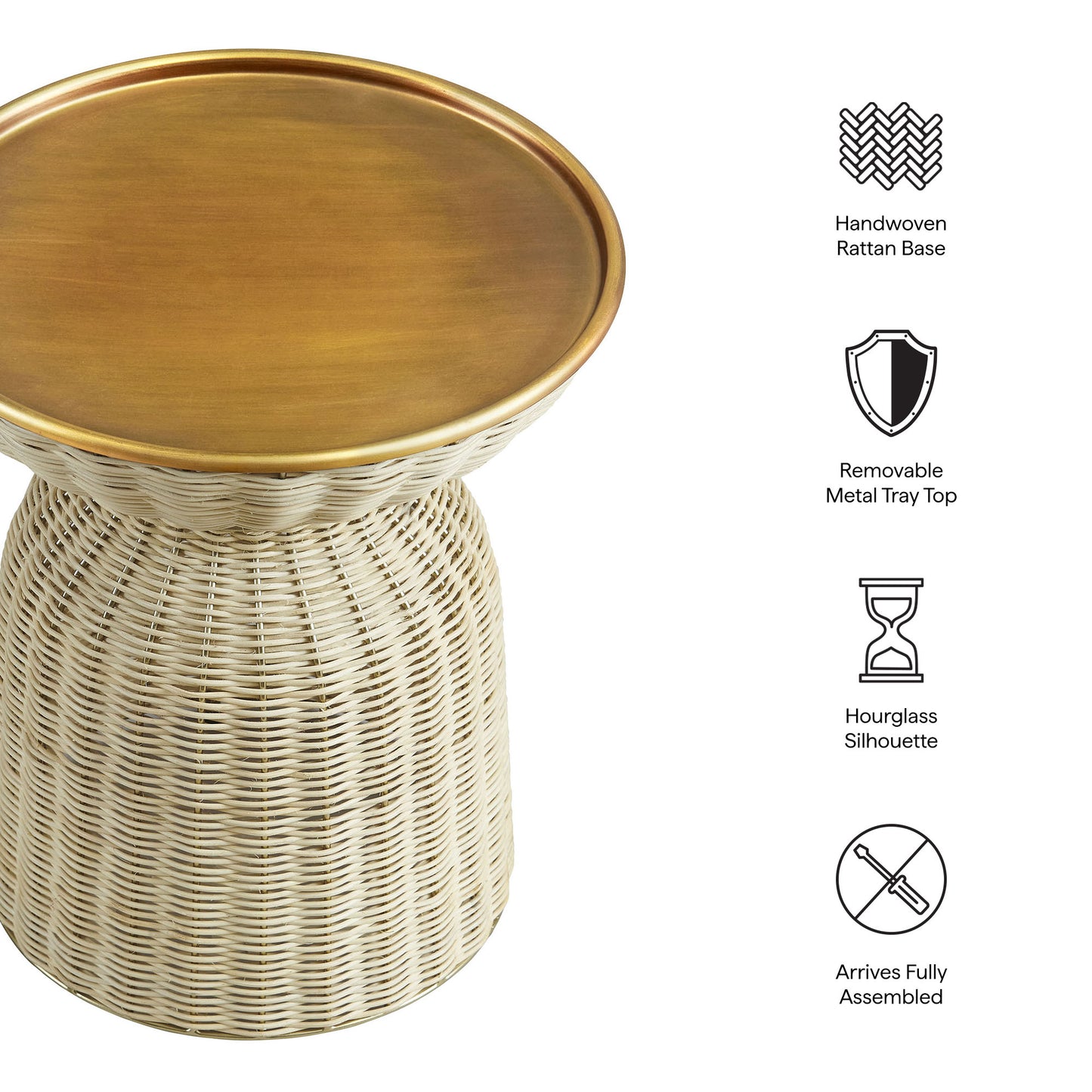 Natural handwoven rattan base round side table with removable brass metal tray top.