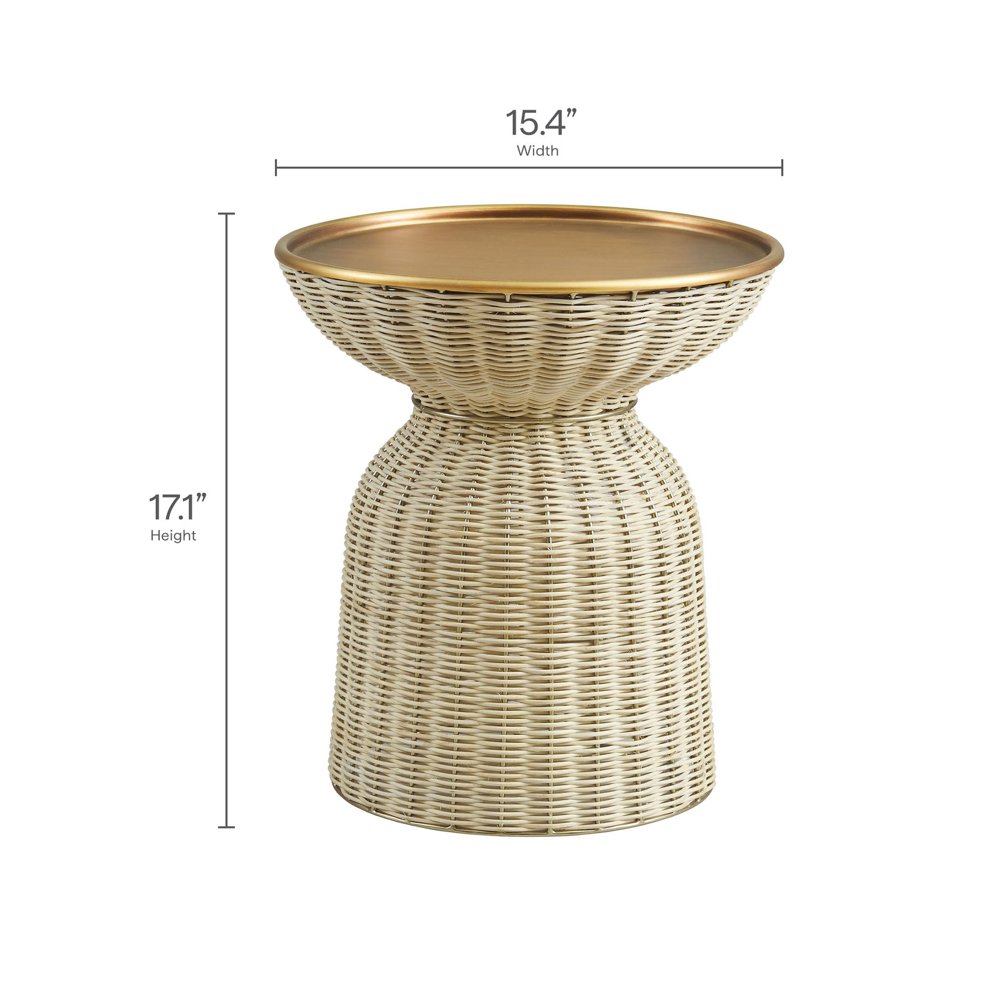 Natural wicker side table 15.4" wide, 17.1" high, gold-rimmed round top and hourglass woven base.