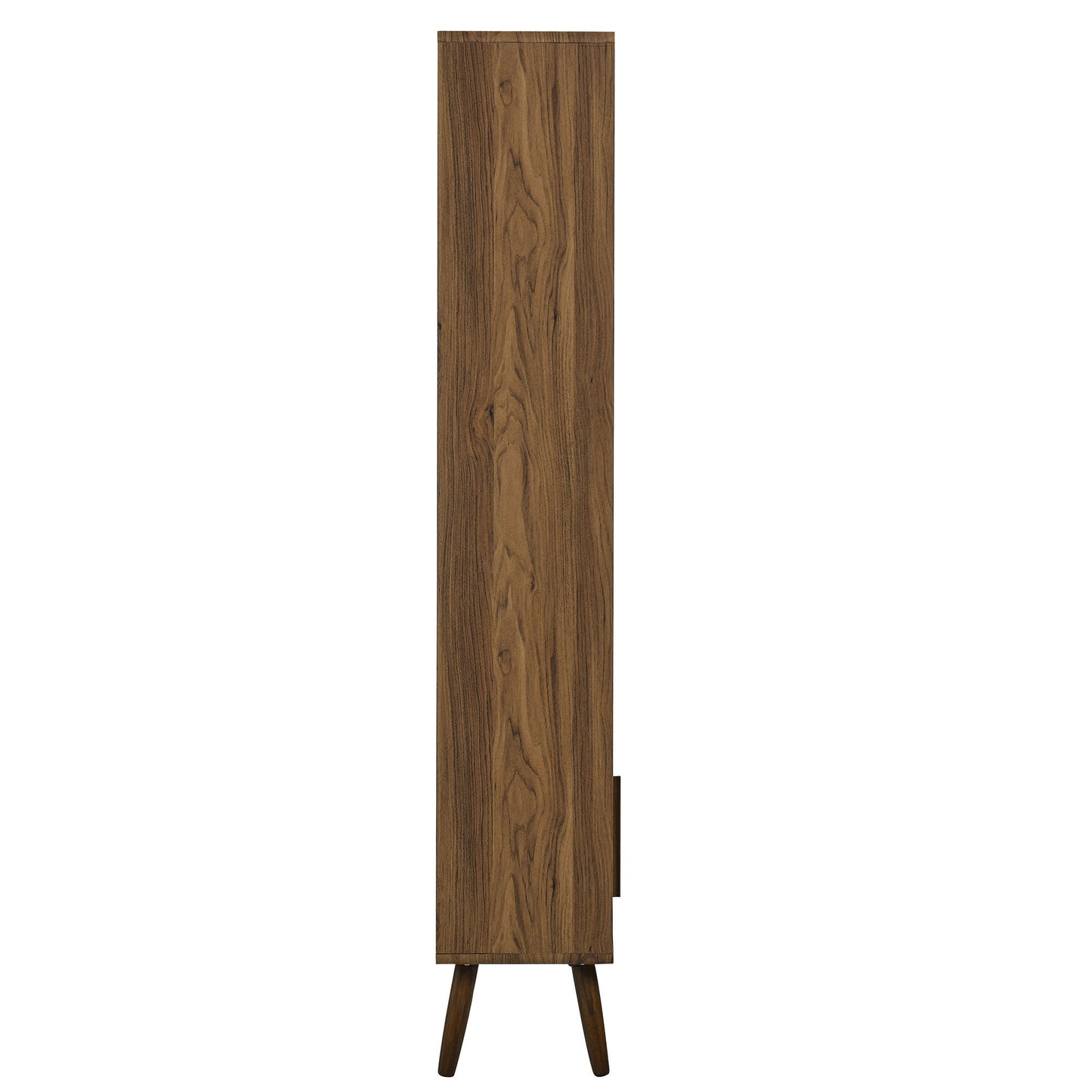 Tall walnut wood bookcase on angled legs, slim storage with sliding doors, mid-century modern style.