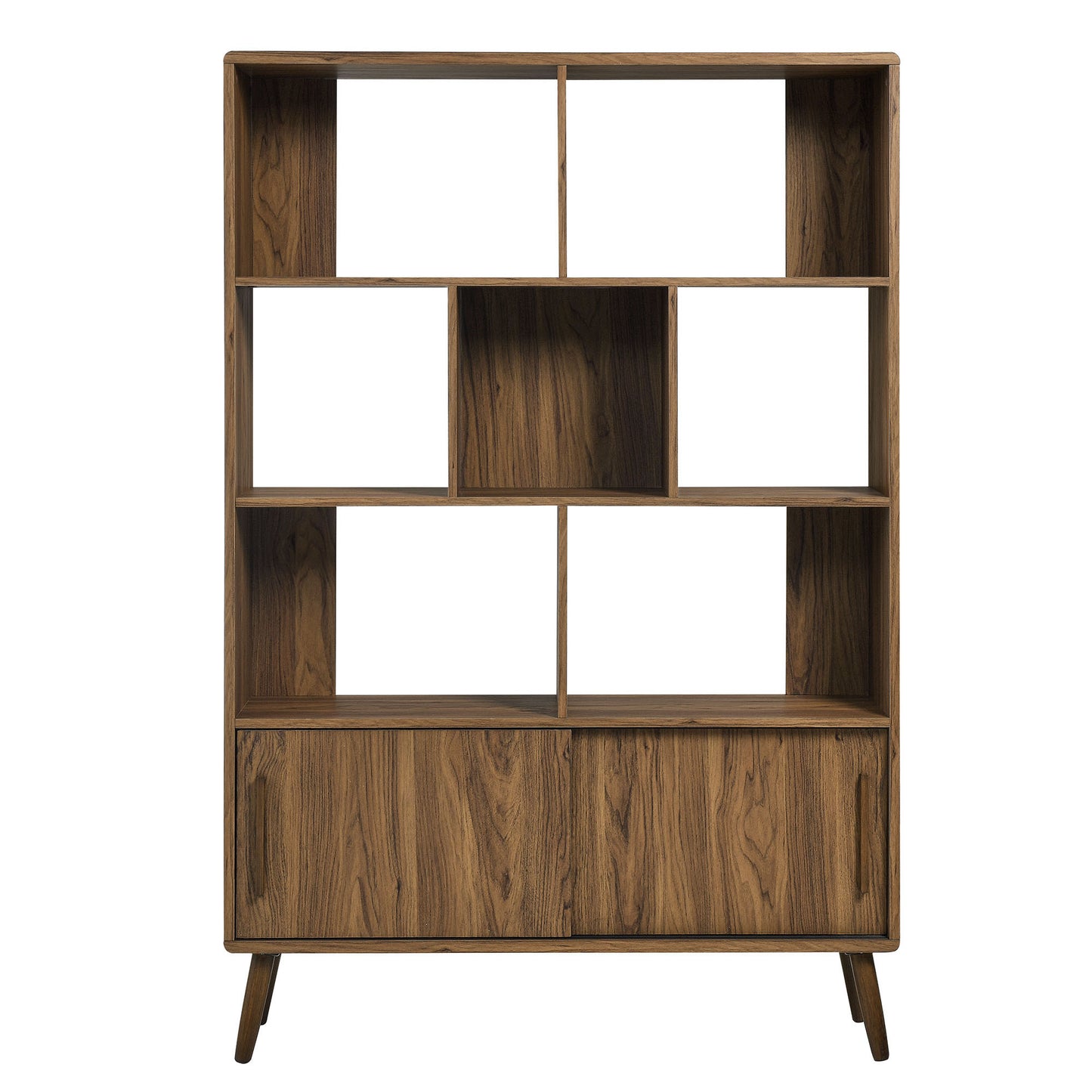 Walnut finish mid-century modern bookcase with sliding doors, open cubbies and bottom cabinet on angled legs.