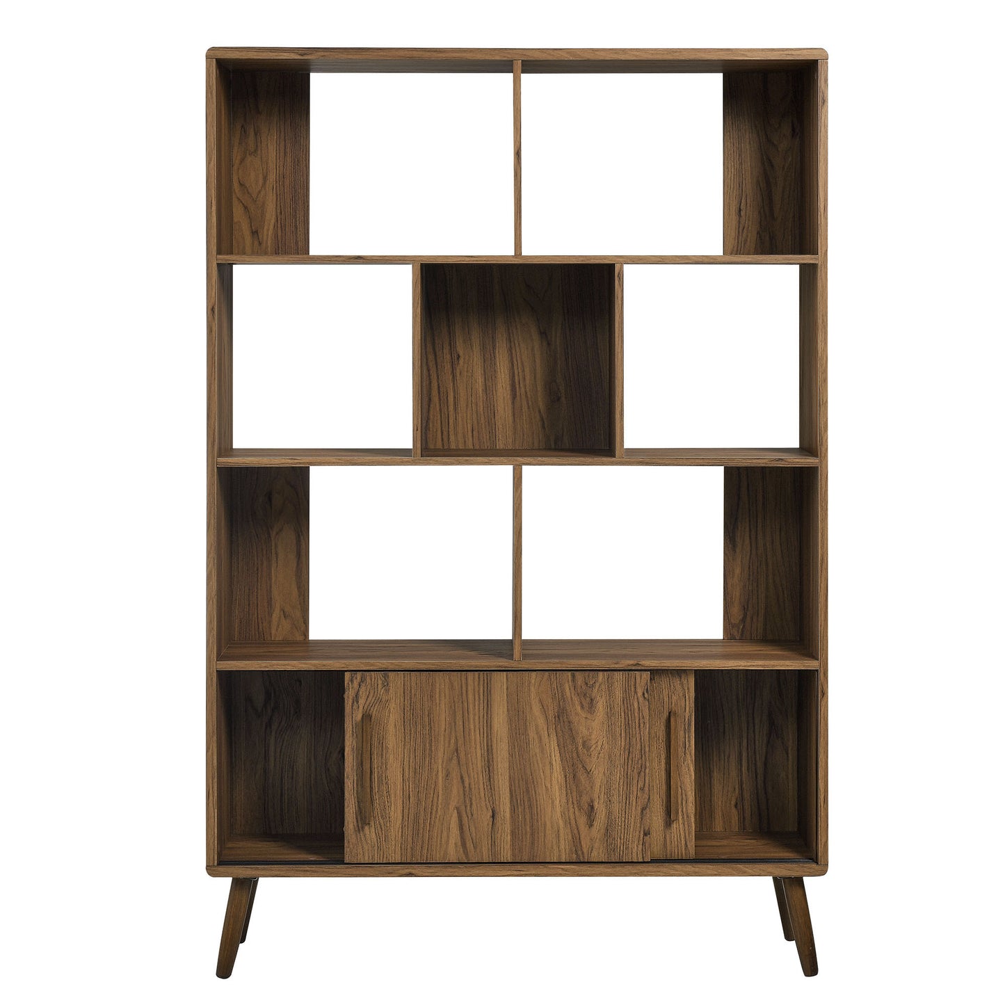 Walnut veneer mid-century modern bookcase with sliding doors, open cubbies, central cabinet, and tapered legs.