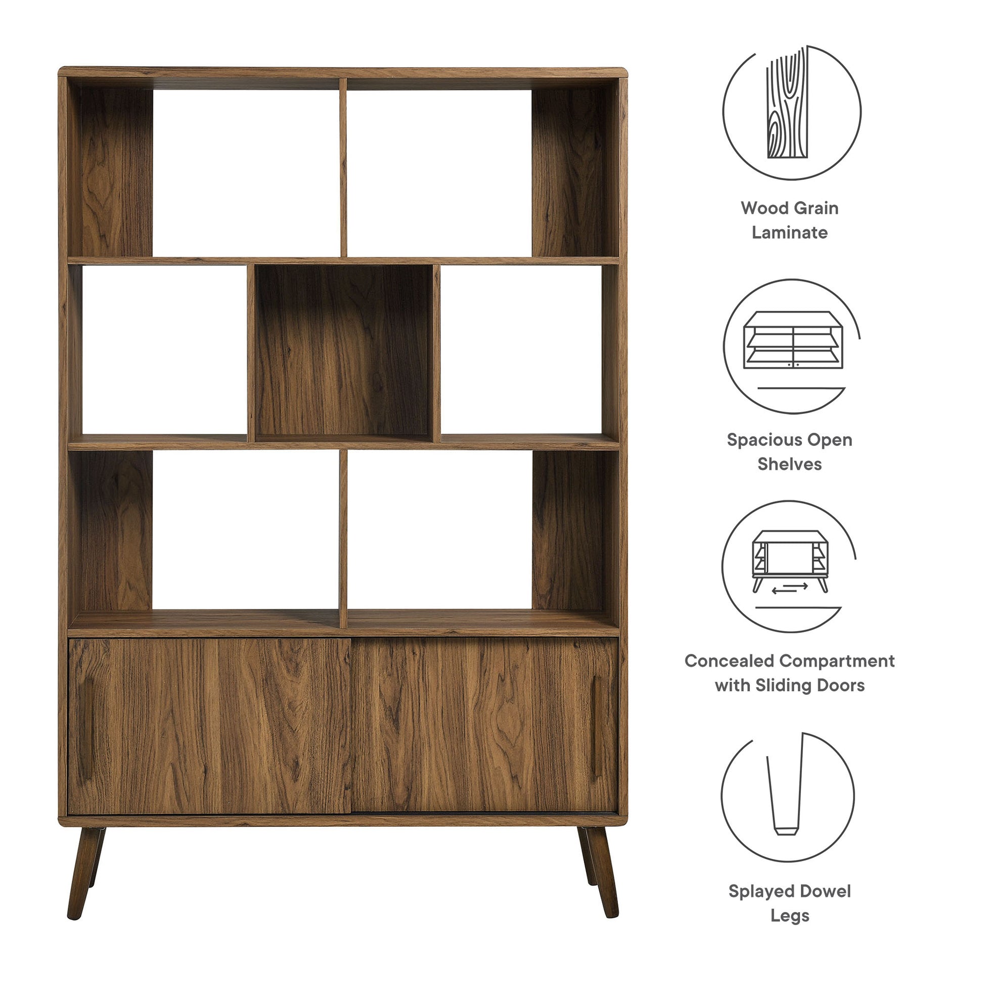 Walnut wood grain laminate bookcase with spacious open shelves, concealed sliding doors, & splayed dowel legs