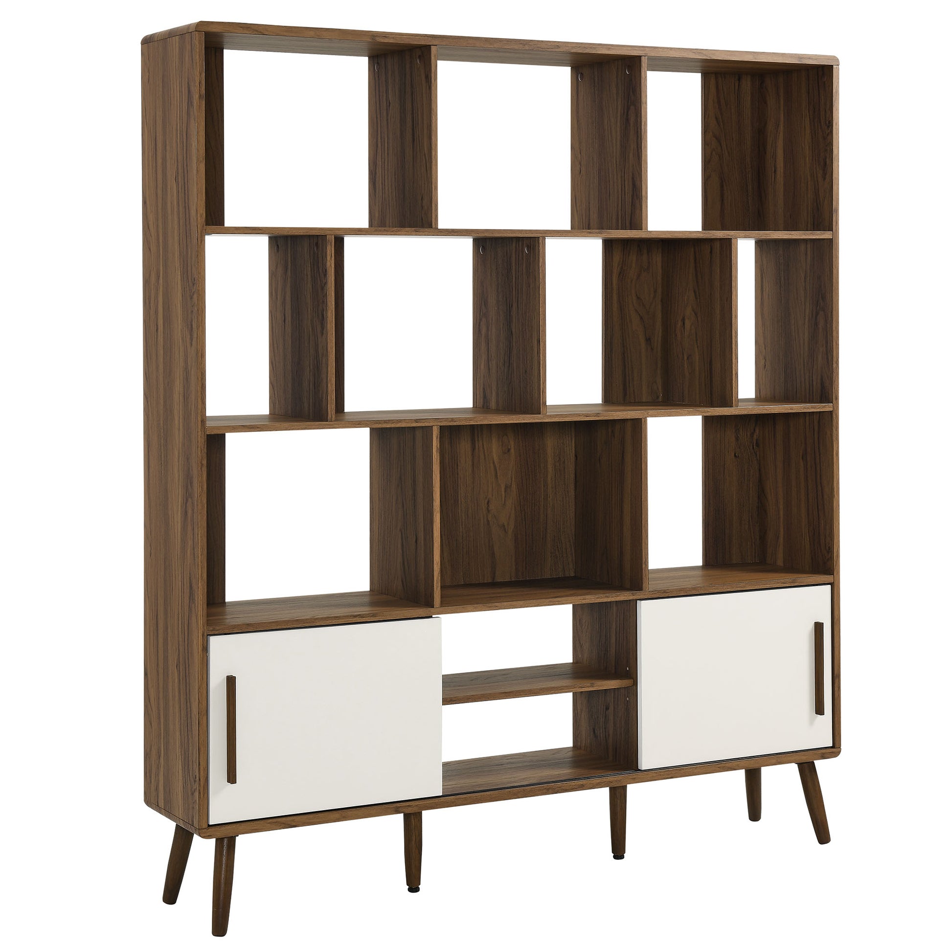 Walnut-finish wood bookcase with open cubbies and two sliding doors on tapered legs.