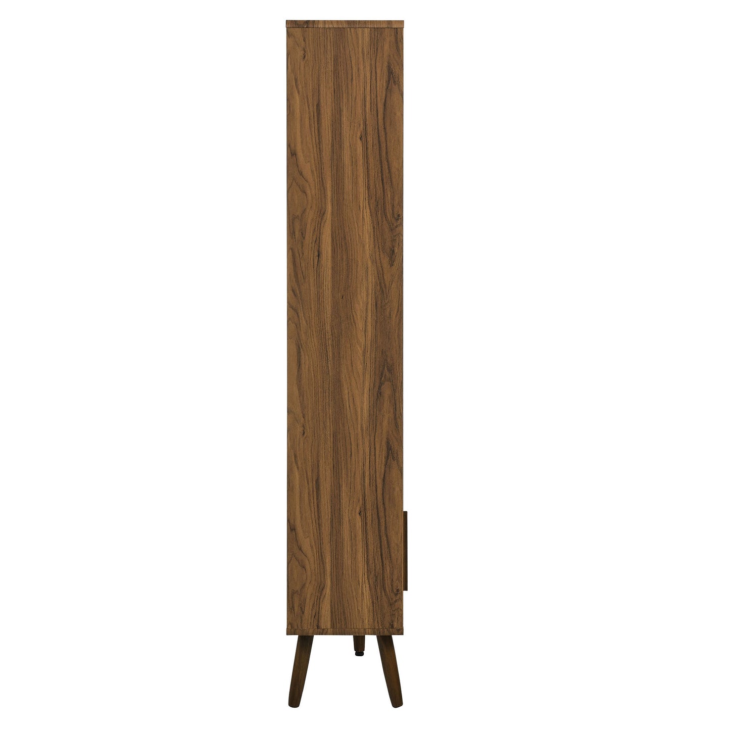 Slim walnut-finish bookcase with sliding doors on tapered legs.