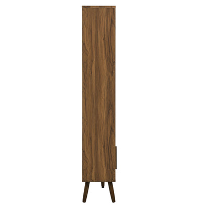 Slim walnut-finish bookcase with sliding doors on tapered legs.